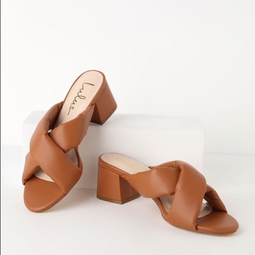 Camel peep-toe mules